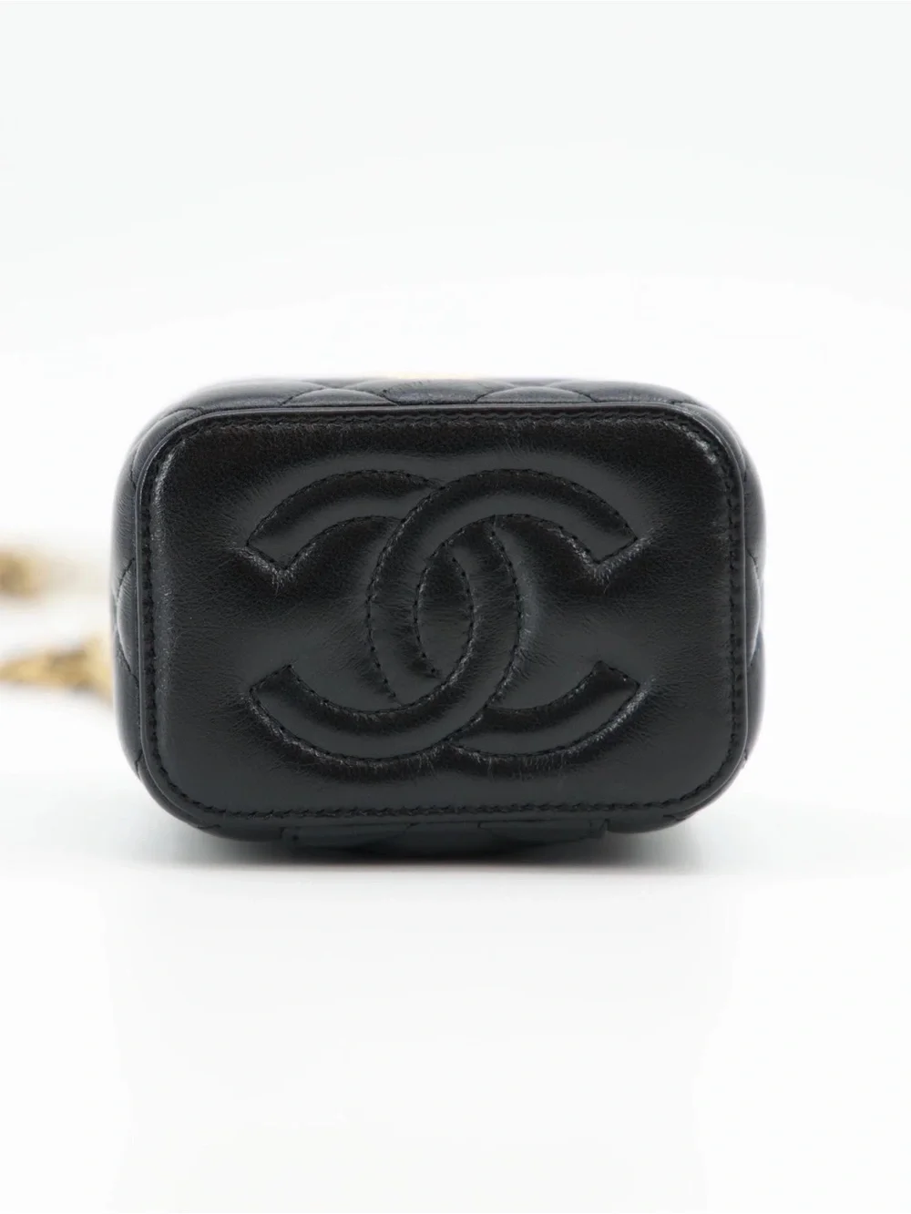 CHANEL Black Quilted Lambskin Mini Vanity Case with Gold Carving CC